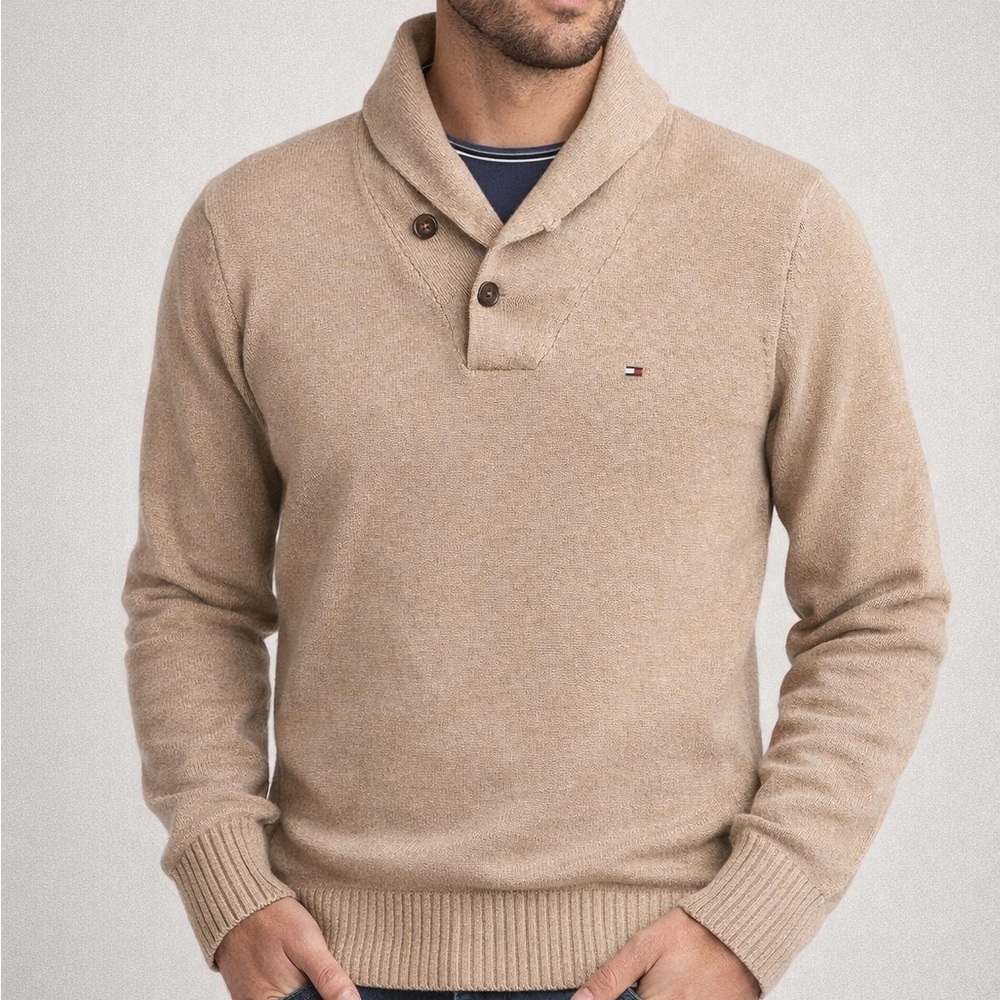 Tommy Hilfiger Shawl Sweater Men's Medium Beige Cotton Button‎ Neck Pullover